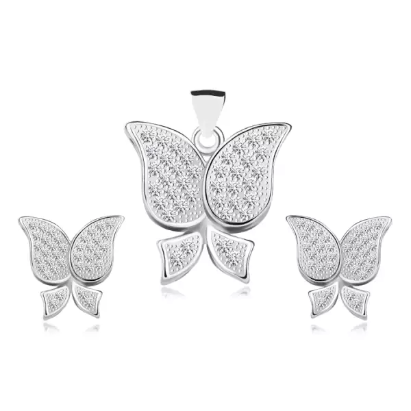Szett 925 ezüstből - medál és fülbevaló, pillangó, átlátszó cirkóniák