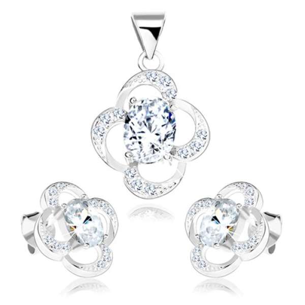 Szett 925 ezüstből, fülbevaló és medál, virág körvonal, átlátszó cirkónia