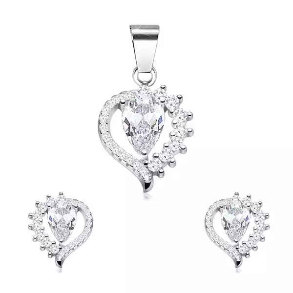 925 ezüst szett, fülbevaló és medál, könnycsepp, átlátszó cirkóniák