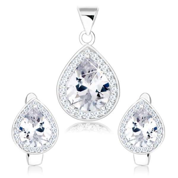 Szett medálból és fülbevalóból, 925 ezüst, átlátszó cirkóniás könnycsepp, csillogó keret