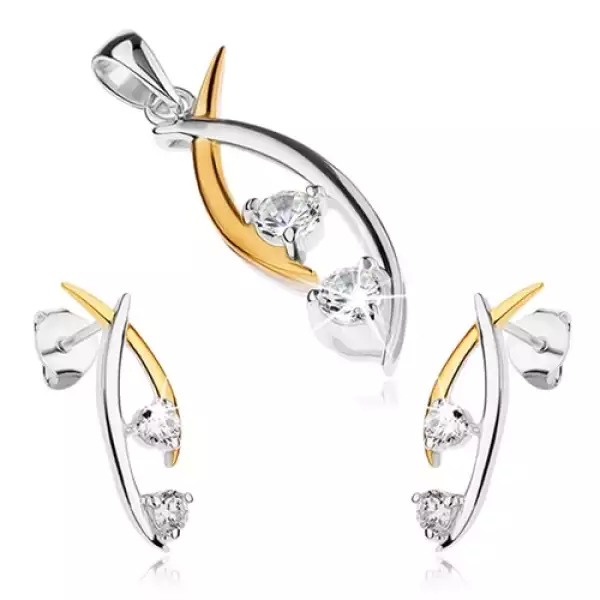 925 ezüst szett, medál és fülbevaló, kétszínű magszem kontúr, átlátszó cirkóniák