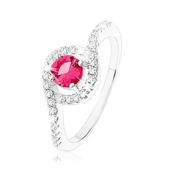 925 ezüst gyűrű, kerek piros cirkónia ívelt cirkónia szegéllyel - Nagyság_ 49