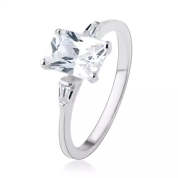 Eljegyzési gyűrű, 925 ezüst, nagy cirkóniás téglalap, kicsi trapézok - Nagyság_ 57