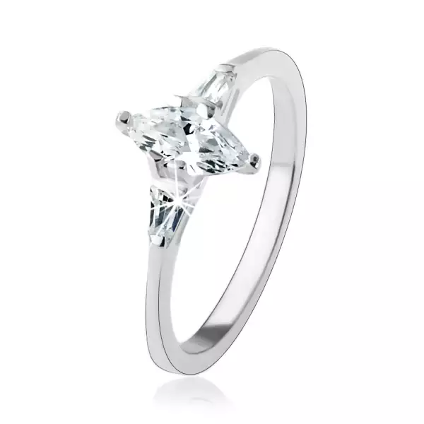 Eljegyzési gyűrű 925 ezüstből, átlátszó magszem alakú cirkónia, élénk trapézok - Nagyság_ 53