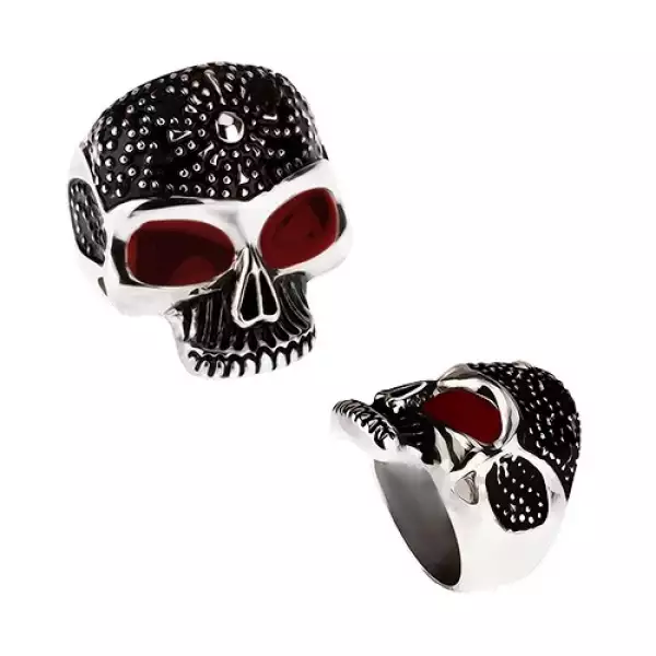 Masszív gyűrű 316L acélból, patinált koponya, piros fénymázas szemek - Nagyság_ 59