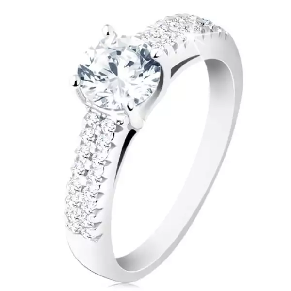 925 ezüst gyűrű - eljegyzési, átlátszó kerek cirkónia, díszített szárak - Nagyság_ 55