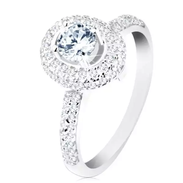 Gyűrű 925 ezüstből, fényes szárak, kerek átlátszó cirkónia, csillogó ovális szegély - Nagyság_ 50