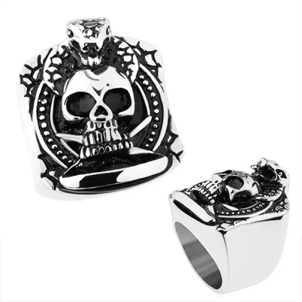 316 acél gyűrű, ezüst szín, patinált koponya, repedések, kobra - Nagyság_ 59