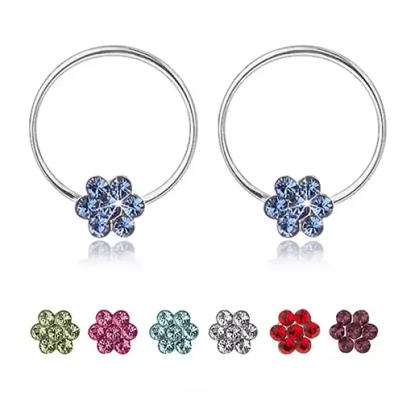 Fülbevaló 925 ezüstből, vékony karika virággal Swarovski kristályból - Szín: Kék