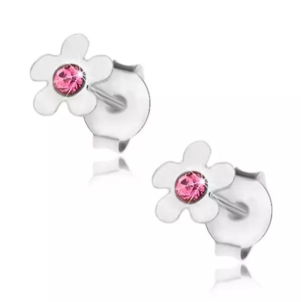 925 ezüst fülbevaló, fényes virág rózsaszín Swarovski kristállyal
