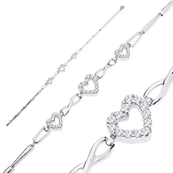 925 ezüst karkötő, fényes elemek, átlátszó cirkóniás szívkörvonal