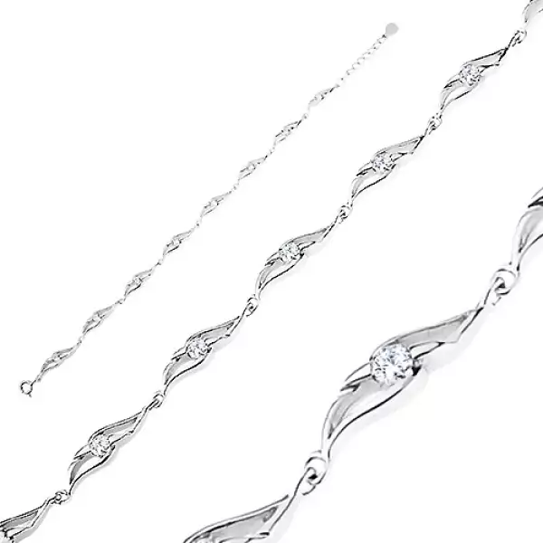 925 ezüst karkötő, lekerekített elemek kivágással, kerek átlátszó cirkóniák