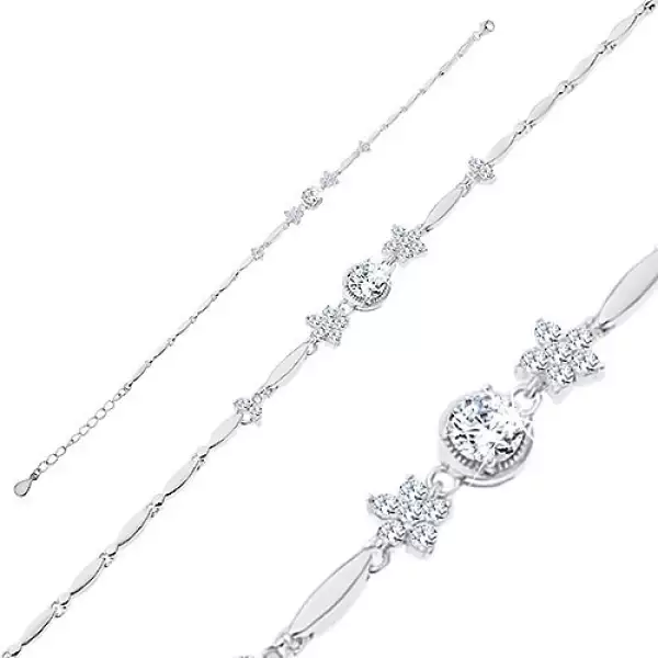 925 ezüst karkötő, fényes szem elemek, átlátszó virág és kerek cirkónia