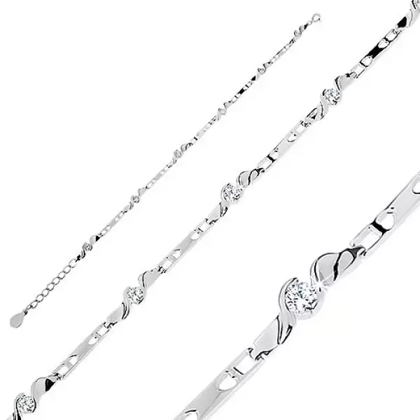 925 ezüst karkötő, fényes felület szív alakú vágatok, hullámos vonal, átlátszó cirkónia