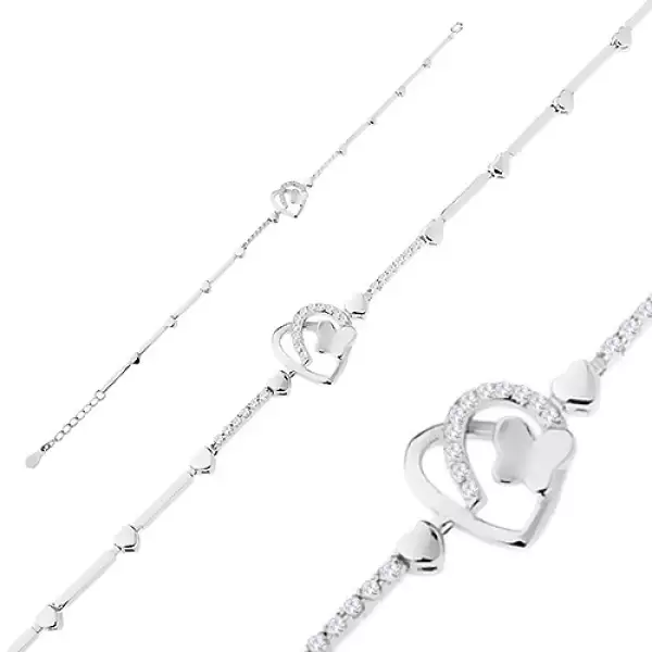 925 ezüst karkötő, szabálytalan szív körvonal, pillangó, átlátszó cirkóniák