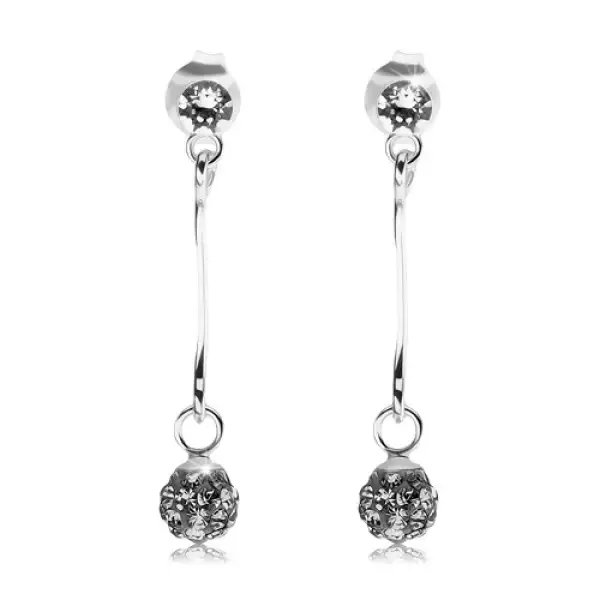 Fülbevaló 925 ezüstből, átlátszó Swarovski kristály, csillogó acélszürke golyó a pálcán