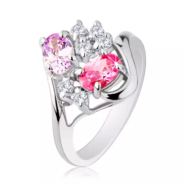 Ezüst színű gyűrű, hullámos szárvégek, átlátszó és színes cirkóniák - Nagyság_ 55