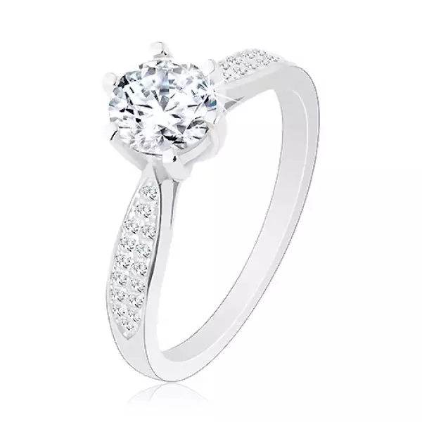 925 ezüst eljegyzési gyűrű, fénylő kör alakú cirkónia, díszített szárak - Nagyság_ 50