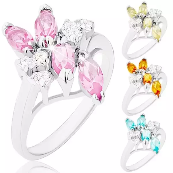 Fényes gyűrű, keskeny ezüst szín, színes szem és átlátszó cirkóniák - Nagyság_ 52, Szín: Narancssárga 