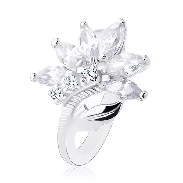 Csillogó ezüst színű gyűrű, átlátszó cirkóniás virág, fényes levél - Nagyság_ 53