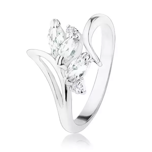 Csillogó gyűrű hajlított szárakkal, átlátszó csiszolt szemek és kerek cirkóniák - Nagyság_ 50