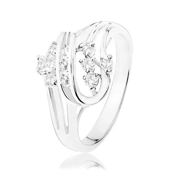 Csillogó gyűrű osztott szárakkal, csavart vonal, átlátszó cirkóniák - Nagyság_ 54