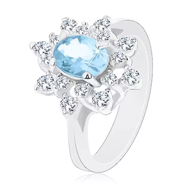 Ezüst színű gyűrű, világoskék és átlátszó csillogó virág - Nagyság_ 55