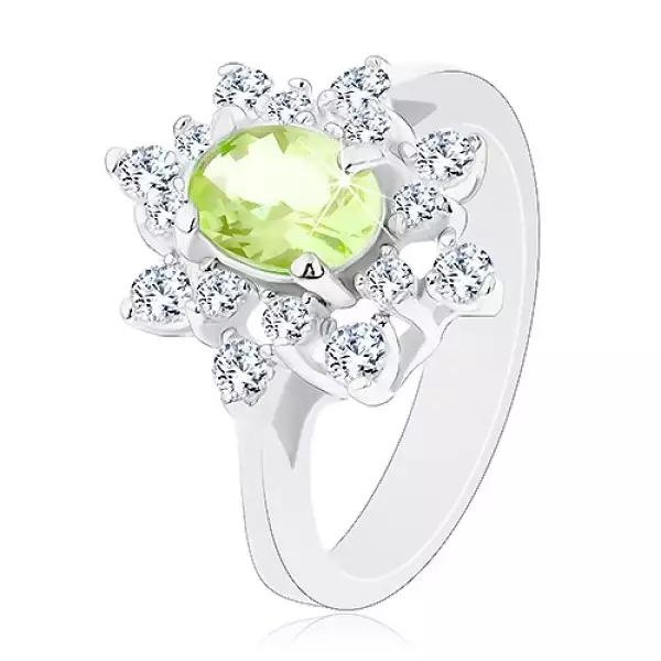 Ezüst színű gyűrű, világoszöld átlátszó csillogó virág - Nagyság_ 52