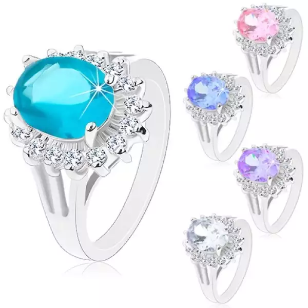 Ezüst színű gyűrű, nagy ovális cirkónia, szegély átlátszó cirkóniákból - Nagyság_ 49, Szín: Rózsaszín