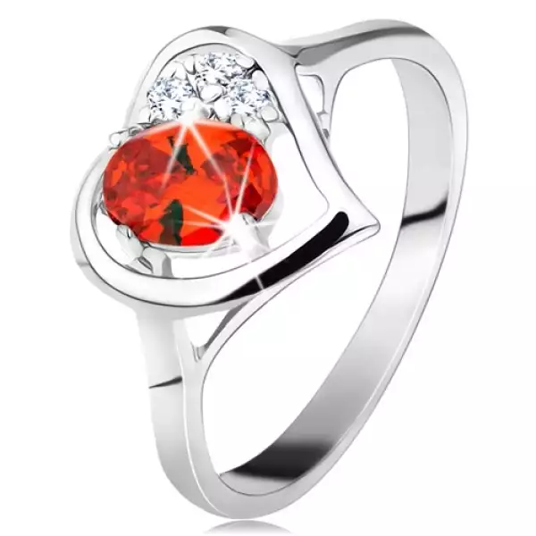 Gyűrű ezüst színben, szívkörvonal narancssárga oválissal és átlátszó cirkóniákkal - Nagyság_ 58