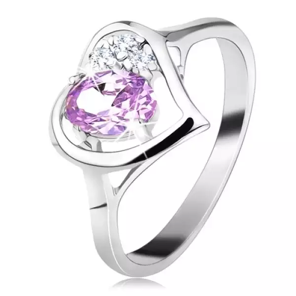 Fényes gyűrű ezüst színben szívkörvonallal, világoslila ovális cirkónia - Nagyság_ 49