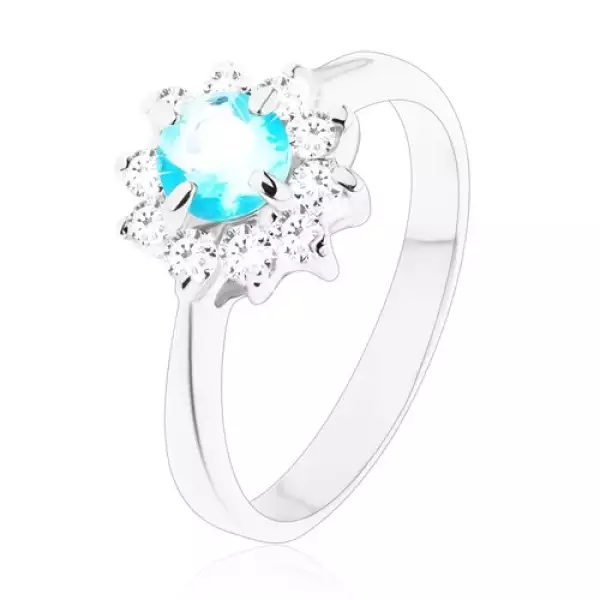 Fényes gyűrű keskeny szárakkal, világoskék kerek cirkónia, átlátszó cirkóniás szegély - Nagyság_ 49