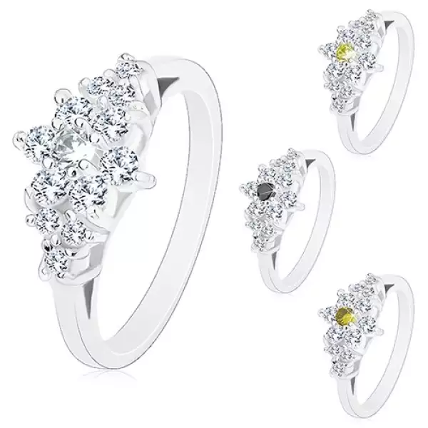 Ezüst színű gyűrű, csillogó cirkóniás virág színes középpel - Nagyság_ 52, Szín: Világoszöld