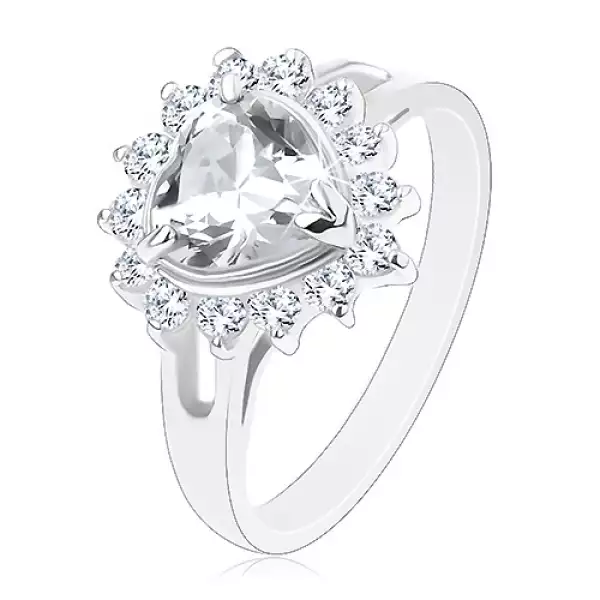 Ezüst színű gyűrű, átlátszó csiszolt szív kerek cirkóniás szegéllyel - Nagyság_ 49