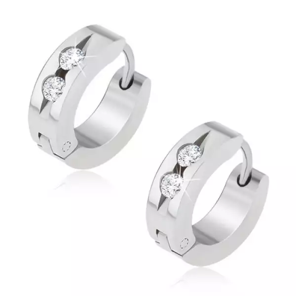 316L acél fülbevaló - ezüst szín, bemélyedés két átlászó cirkóniával