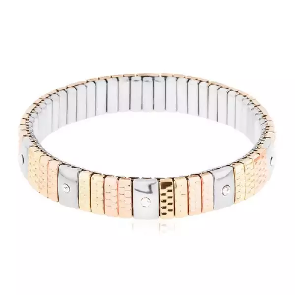Háromszínű sebészeti acél karkötő, keskeny gravírozott elemek, átlátszó cirkóniák