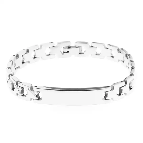 Acél karkötő ezüst színben, fényes elemek és téglalap tábla