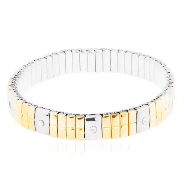 316L acél karkötő, kétszínű, keskeny és széles téglalapok, cirkóniák, bevágások