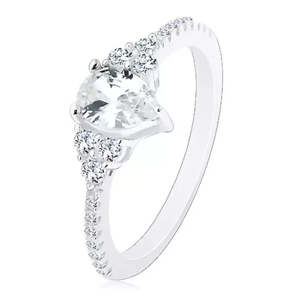 925 ezüst - eljegyzési gyűrű, recés cirkóniás szélek, csillogó átlátszó csepp  - Nagyság_ 50