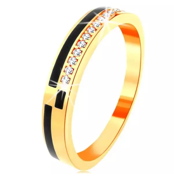 14K sárga arany gyűrű - vékony sáv cirkóniákkal kirakva és fekete fénymáz - Nagyság_ 49