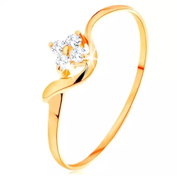 14K sárga arany gyűrű - átlátszó cirkóniás virág, hullámos szár - Nagyság_ 57
