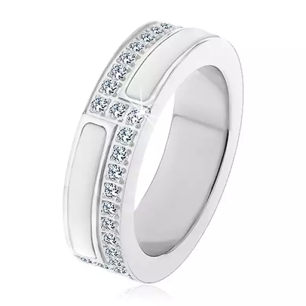 Karikagyűrű sebészeti acélból, ezüst színben, fehér kerámia sáv és cirkóniák - Nagyság_ 51