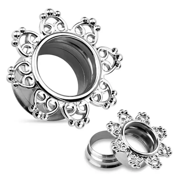 316L acél fültágító, ezüst színben, virág mintával díszítve - Vastagság_ 10 mm