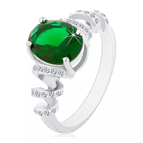 Eljegyzési ródiumozott gyűrű, 925 ezüst, zöld ovális cirkónia, csillogó spirál - Nagyság_ 56