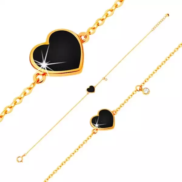 585 arany karkötő - fekete fénymázas szív és átlátszó cirkónia, vékony lánc