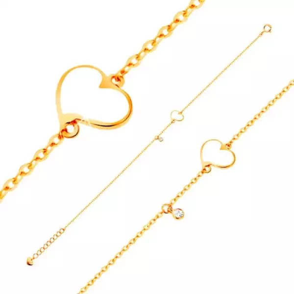 14K arany karkötő - fehér aszimmetrikus szív és átlátszó cirkónia, vékony lánc