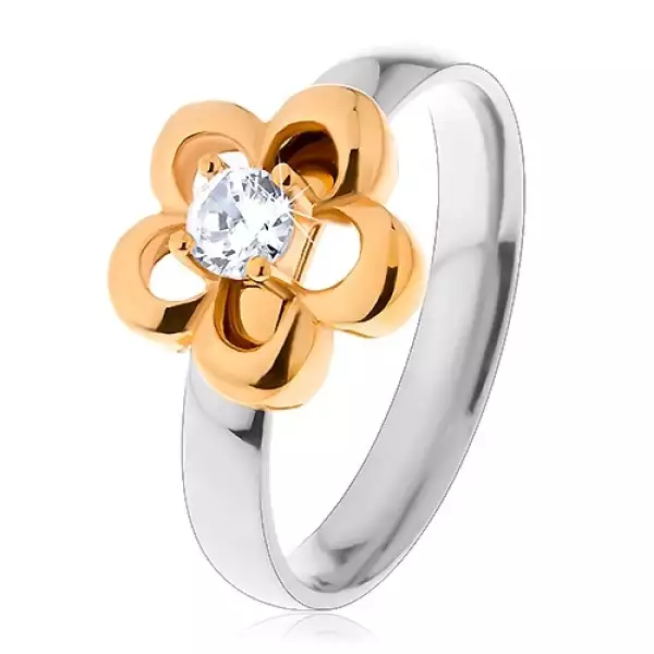 Fénylő gyűrű két színű változatban, virág körvonal kiemelkedő cirkóniával - Nagyság_ 57