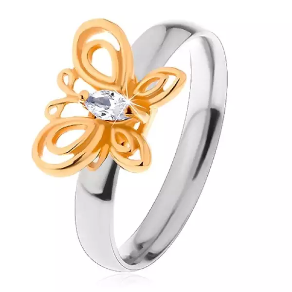 Gyűrű sebészeti acélból - kétszínű, lepke átlátszó cirkóniával - Nagyság_ 50