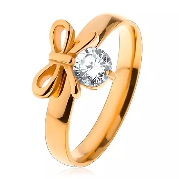 Gyűrű sebészeti acélból arany színben, fényes masni átlátszó cirkóniával - Nagyság_ 58