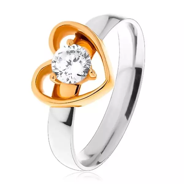 Acél gyűrű - kétszínű, vékony szív körvonal, kerek átlátszó cirkónia - Nagyság_ 52